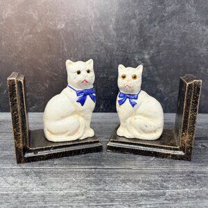 Cast Iron White Cat Bookends Pair Blue Bow Vintage Style Heavy Country Cottage